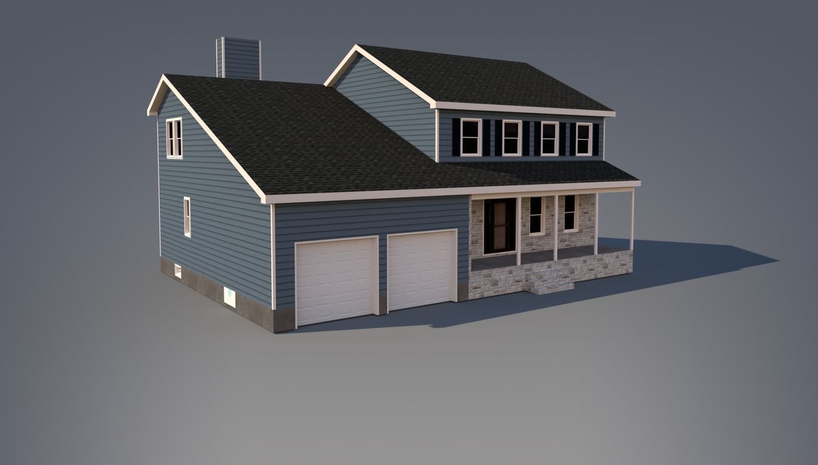 3D render of the same home after the proposed redesign — blue lap siding, stone porch surround, dark grey shingle roof