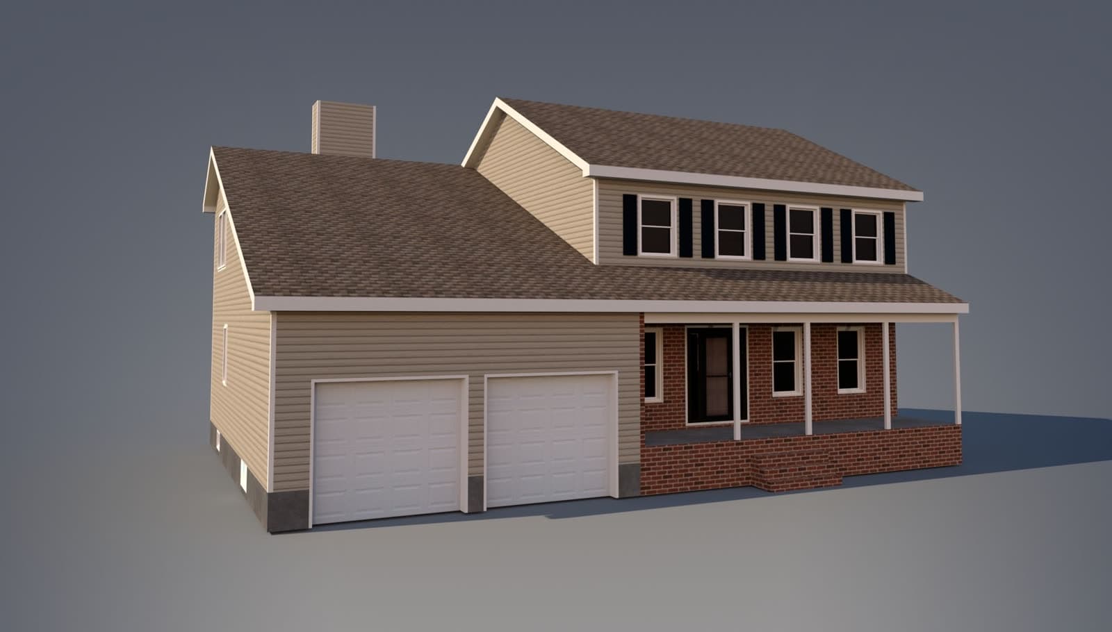 3D render of a two-story home as it stands today — tan lap siding, brick first floor, brown shingle roof