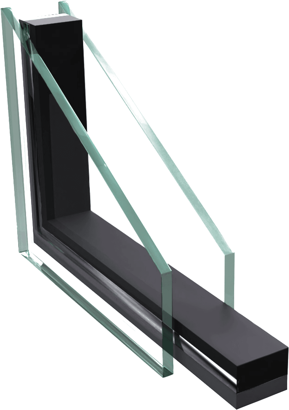 Cutaway of a dual-glazed insulated window glass package showing two panes and the insulated spacer