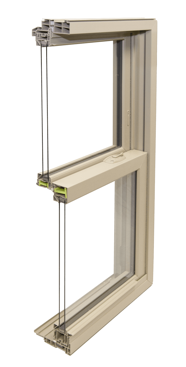 Cutaway of a ProVia Endure double-hung window showing the multi-chamber PVC frame, insulated glass spacer, and weather-tight seals