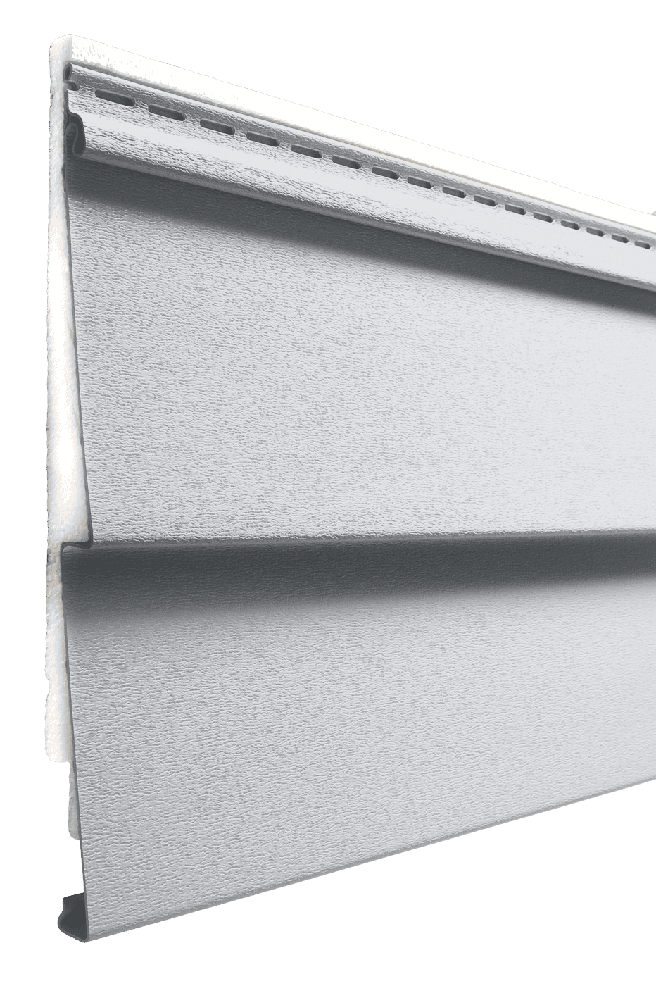 Cut-away view of CedarMAX insulated siding panel showing the foam-backed core bonded to the vinyl